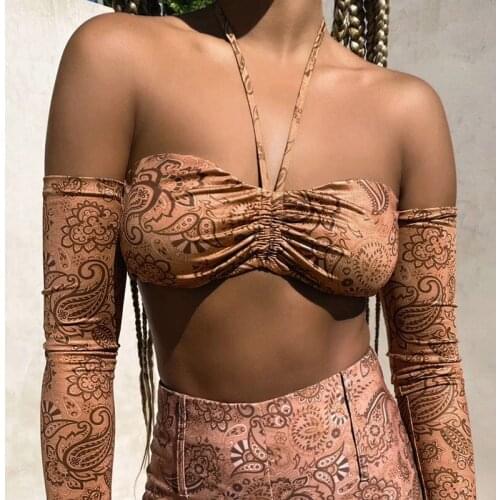 Women Strapless Crop Tops Sexy Clubwear Long Sleeve Off Shoulder Paisley Print Drawstring T-Shirt Fashion Streetwear
