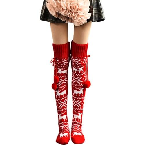 Women Knitted Stockings Over-knee Christmas Pile Pile with Fur Ball Decoration Keep Warm Winter Clothing Accessories