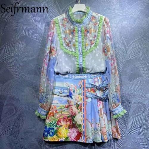 Seifrmann New 2021 Autumn Women Fashion Designer Skirts Set Lantern Sleeve Lace Blouses + High Waist Patchwork Mini Skirts Suits