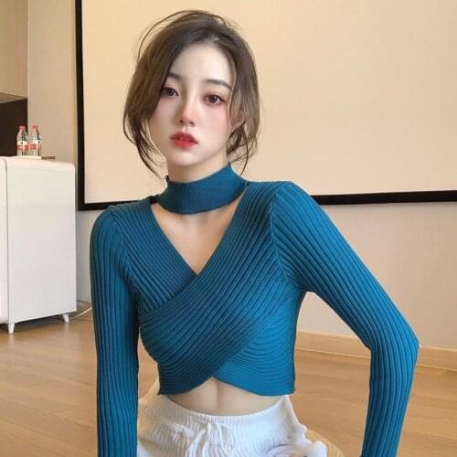 Woman Sweaters Pullover Cross Short V-neck Halter Sweater Top Autumn Winter Tight Sweater Inner Wear Femme Chandails