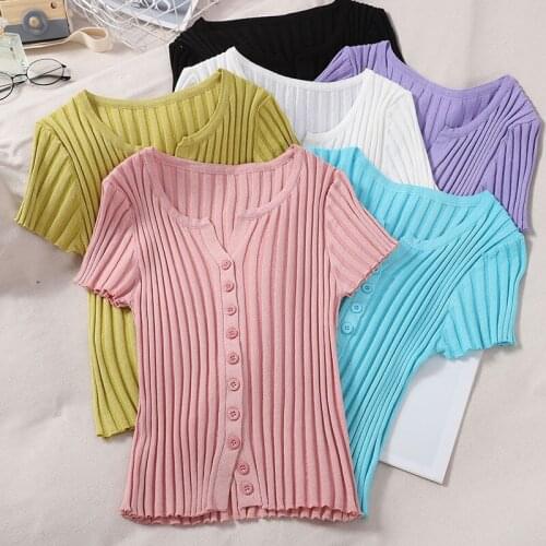 2021 New Summer Fashion Women Ice Silk Knitted Short Sleeve Cardigan Round Neck Single-Breasted Elasticity Thin Crop Tops Y300