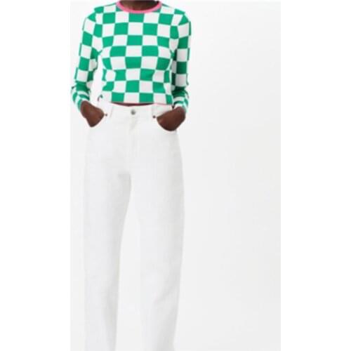 MESTTRAF Women 2021 Fashion Lattice Knit Sweater Vintage Long Sleeve Round Neck Color Matching Pullover Streetwear