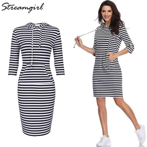 Stripe Hooded Sweatshirt Dress Women Bodycon Cotton Hoodie Dress Stripes Summer Striped Dresses Women Ladies Sweatshirt Dresses