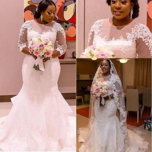 Plus Size Wedding Dresses African 3/4 Long Sleeves Lace Applique Mermaid Beaded Jewel Neck Wedding Bridal Gown Vestido de novia