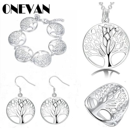 4PCS/set Tree of Life Lucky Elegant Silver Pendant Necklace/Earrings/Bracelet/Ring Jewelry Set for Women Wedding Engagement Set
