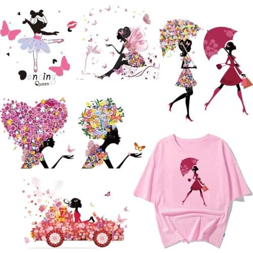 Flower Girls Patch Heat Transfer Vinyl Sticker for Girl Clothing DIY T-shirt Dresses Iron on Transfer Washable Butterfly Patch H