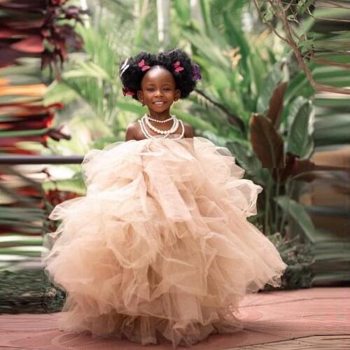 Champagne Kids Ruffled Tulle Skirts Long Birthday Photoshoot Gowns Girls Tutu Skirt Elastic Waist Kids Formal Wear