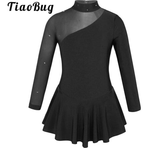 TiaoBug Kids Girls Rhinestone Tulle Splice Long Sleeve Figure Ice Skating Dress Children Ballet Gymnastics Leotard Dance Costume
