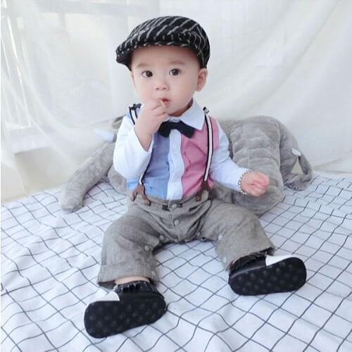 Gentleman Pactwork Baby Boys Clothes Toddler Boy Fake Bib Pants Bowtie Pocket Romper Overalls Clothing Kids Party Wedding Suits