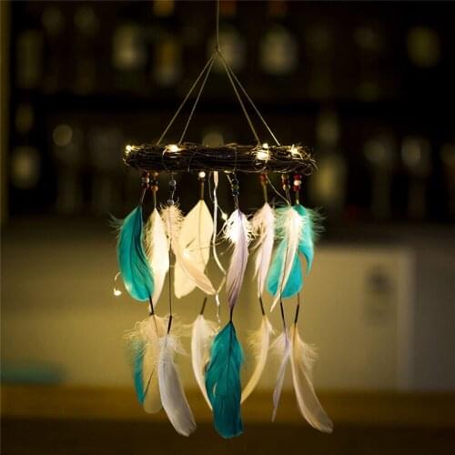 Indian Style Dreamcatcher Handmade Rattan Ring Room Decoration With Lamp Feather Wall Hanging Girls Kids Gifts Macrame Ornament