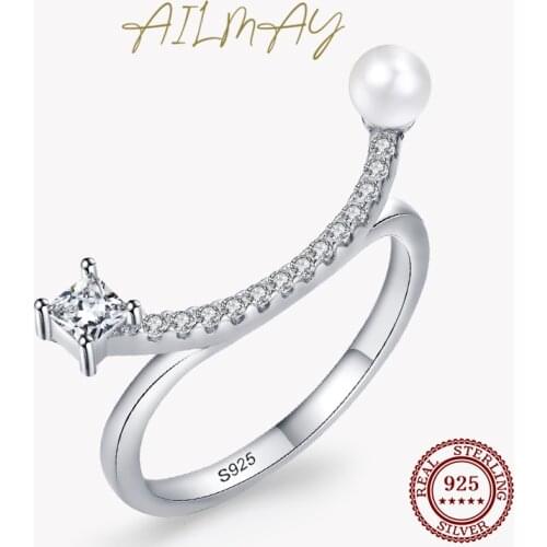 Ailmay 925 Sterling Silver Elegant Smile Shell Pearl Personality Rings Cubic Zirconia For Women Wedding Engagement Jewelry Gift