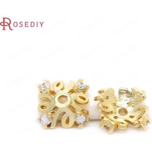 34302)6PCS 7MM 24K Gold Color Brass with Zircon Square Beads Caps High Quality Diy Jewelry Findings Accessories wholesale