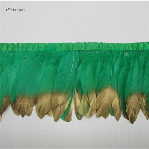 Goose Feather Trims 6 Meter Dark Green Geese Feather Ribbons/15-18cm Fringes Gold Goose Feather Cloth Belt DIY decorative