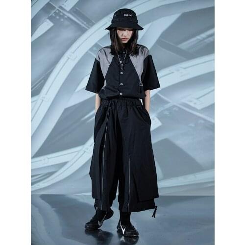 Concealer Summer New Short-sleeved Shirt Mens Metal Splicing Couple Shirt Five-point Sleeve Jacket Tide