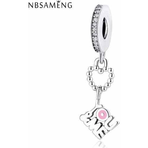 NBSAMENG 100% 925 Sterling Silver Beads YOU & ME Love Charm Pink Enamel Pendant Fit Bracelet Women Diy Jewelry
