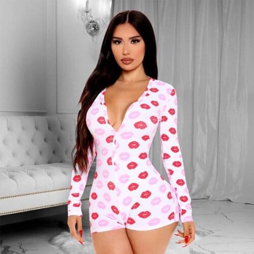 TNNAOFF Lips Printed Bodycon Playsuit Pajamas for Women Long Sleeve Button Sexy One Piece Club Outfit Home Overalls Jumpsuit