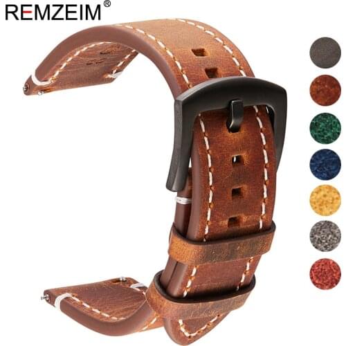 REMZEIM Genuine Leather Watchbands Bracelet Black Blue Gray Brown Cowhide Watch Strap Women Men 18mm 20mm 22mm 24mm Wrist Band