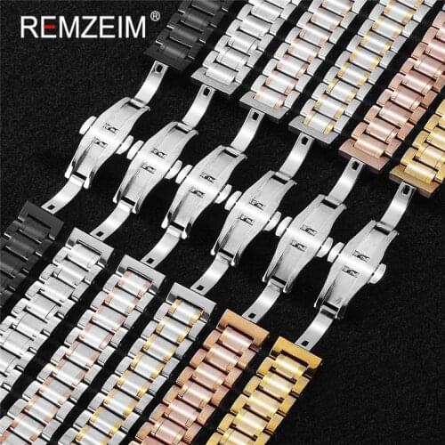 REMZEIM Solid Stainless Steel Watchband 16mm 18mm 20mm 22mm 24mm Metal Watch Band Strap Wrist Watches Bracelet Silver