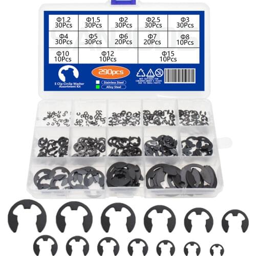 290Pcs Alloy Steel E Clip Circlip Washer Assortment Kit Circlip External Retaining Ring for Shaft Fastener Pulley Shaft 1.2-15mm