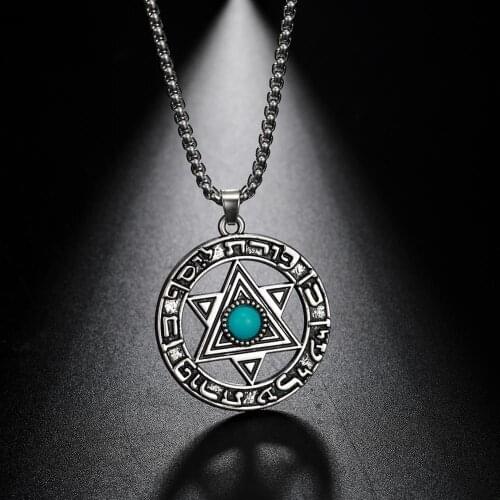 Teamer 2020 Fasion Viking Pendant Necklace Star of David Hebrew Jewish Jewelry Blue Rhinestone Wicca Six Stars Pendant Jewelry