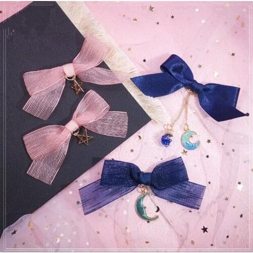 Navy Blue Moon Pendant Hairpin Lolita Bowknot Hair Clip Girl Women Hair Accessories B1483