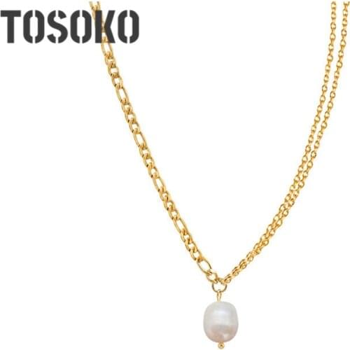 TOSOKO Stainless Steel Jewelry Double Chain Freshwater Pearl Necklace Womens Simple Clavicle Chain BSP832