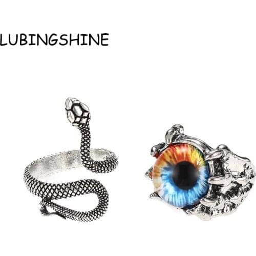 2Pcs/lot Vintage Gothic Evil Eye Snake Rings Punk Opening Adjustable Size Winding Hip Hop men women Jewelry