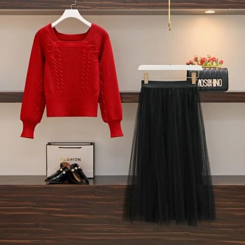 Two-piece Sweater Mesh Skirt New Female Spring, Autumn and Winter Two-piece Temperament Red Dress Black Skirt