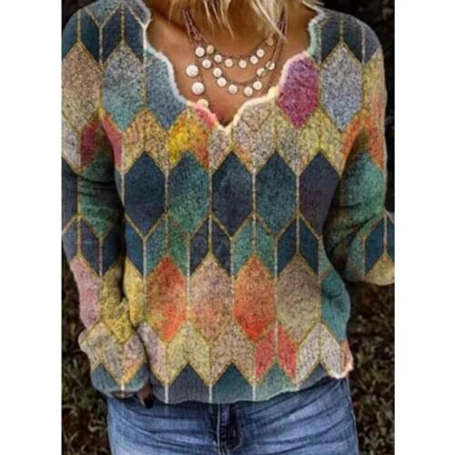 Women Fashionable Long Sleeve V Neck Geometry Floral Print Leisure Blouse Top