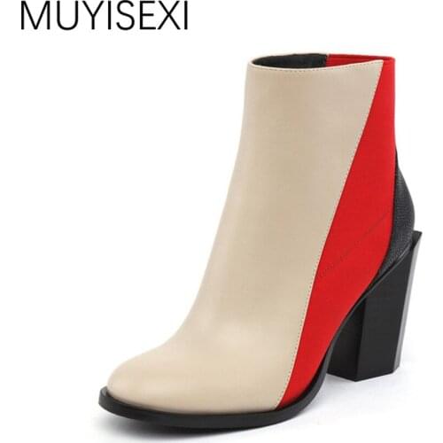 Womens Boots Genuine Leather Round Toe Slip On 9cm Square Heel Mixed Color Ankle Boots chaussure femme botte femme HL24 MUYISEXI