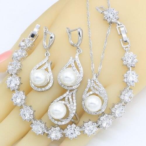 Silver Color Jewelry Sets for Women White Pearl Earrings Ring Necklace Pendant Ziroconia Bracelet Gift Box