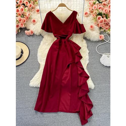 Green/Black/Red Women Irregular Ruffle Maxi Party Dress Women Summer Sexy V-Neck Short Sleeve Hollow Out Split Vestidos 2021 New