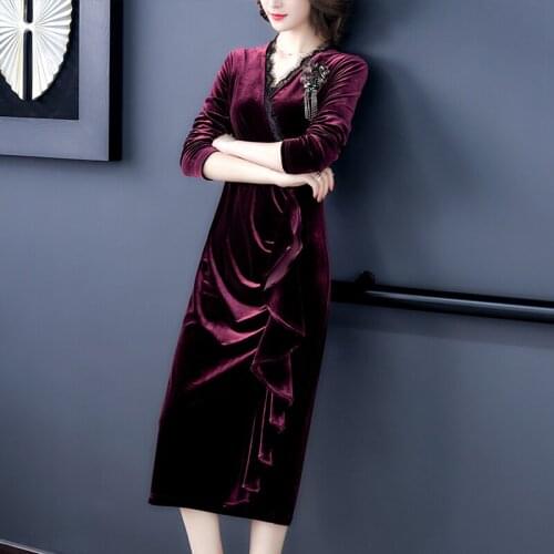 2020 Autumn Winter Women Dress Korean Fashion Lace Patchwork Elegant Golden Velvet Long Dress With Exquisite Corsage