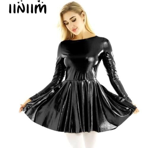 Womens Ladies Dance Evening Paties Stage Costumes Dress Holographic Metallic Long Sleeves A-line Mini Dress Femme Sexy Clubwear