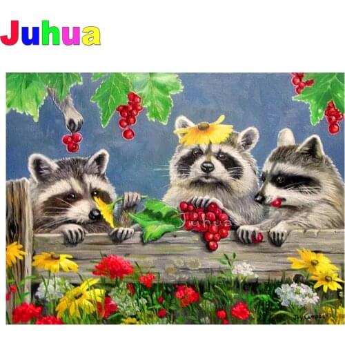5D Diamond Painting Triple raccoon Scenery Full Square/Round Diamond Embroidery Animals Flower Mosaic Cross Stitch Diy Gift