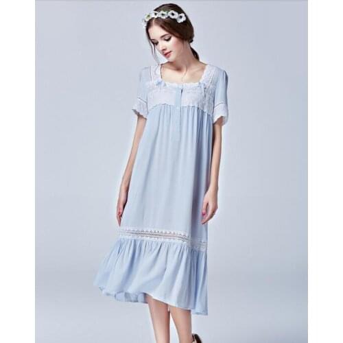 Free Shipping New Summer Womens Long Blue Pyjamas Lace Sleepwear Lady Princess Nightgown Royal Nightshirt