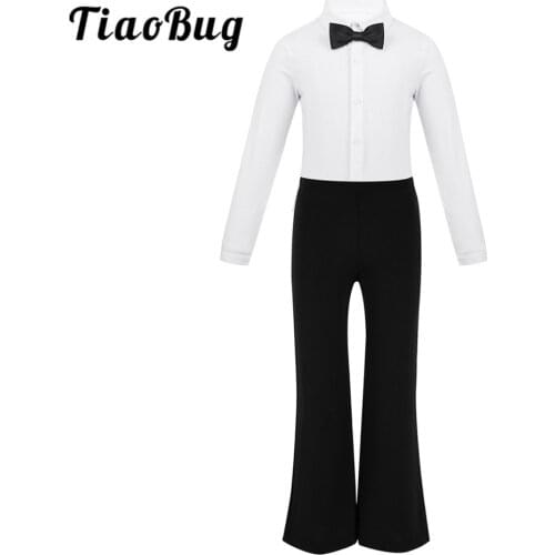 Kids Boys Long Sleeves Lapel Bowtie Romper Shirt Leotard with Pants Trousers Outfit Stage Performance Jazz Latin Dance Costume