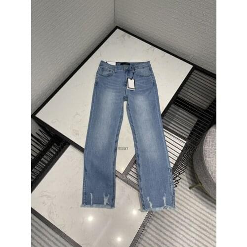 Blue Luxury Jean Brand Women High Waist Light Wash Casual Jeans Bleached Chic Edged Split Slim Denim Pants 2021 Autumn