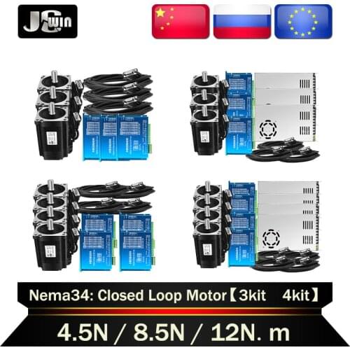EU/RU stock!Hybird Servo Motor Kit:Nema34 4.5N 8.5N 12N Closed Loop Motor+Servo Driver HBS860H+3M Encoder Cable+Power Supply