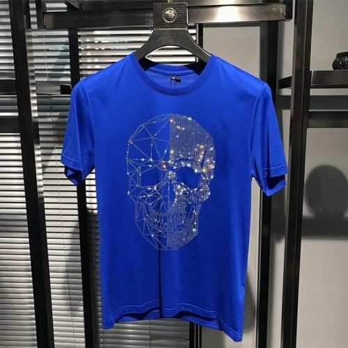 Summer Cartoon Hot Diamond T-Shirt Men Europe Station Brand Fashion Youth Handsome Slim Bone Pure Cotton Short Sleeve