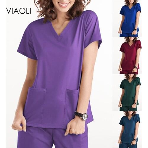 Short Sleeved V-neck Working Uniform Solid Color Pocket Blouse Overalls Nurse Accessories Thin and Light Medical Uniforms Women