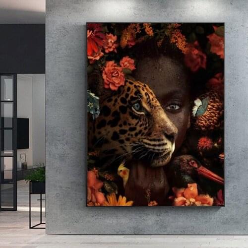 African Art Black Woman Tiger Rose Bird Oil Painting on Canvas Cuadros Posters and Prints Wall Art Picture for Living Room Decor