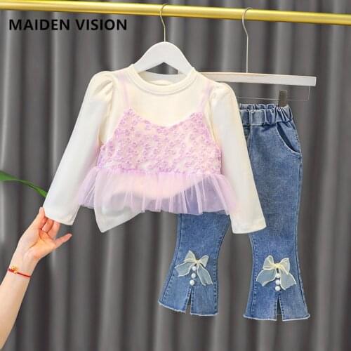 Baby girls outfit New Arrival Girls Fashion 3 Pieces Lace vest Suit Long sleeve shirt Top+jeans Kids Clothes infant Girl Suit