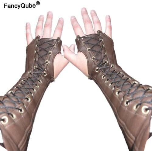 Leather Bracer Fingerless Long Gloves Lace Up Cuffs Medieval Armor Steampunk Gauntlet Archer Costume Arm Accessory For Men Women