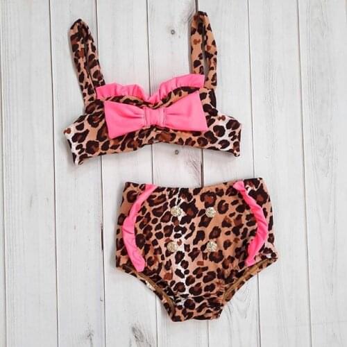 Toddler Kids Baby Girls Two Pieces Swimsuits Cute Leopard Print Bowknot Strap Bikini Tops+Bottoms Newborn Girl Swimwear 0-4Y
