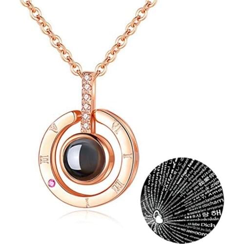 Necklace Women Love Memory Rose Projection Pendant 100 Languages I Love You Lover Girlfriend Valentines Day Gift