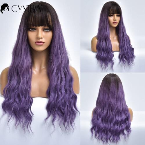 Long Purple Wave Ombre Hair Synthetic Wig With Bangs For White Women Nutural Daily Cosplay Wavy Female Heat Resistant Fiber Wig
