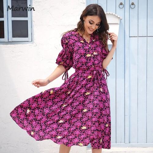 Marwin Simple Casual Floral V-Neck Puff Sleeve With Belt Holiday Street Style High Waist Mid-Calf Summer Dresses NEW Vestidos