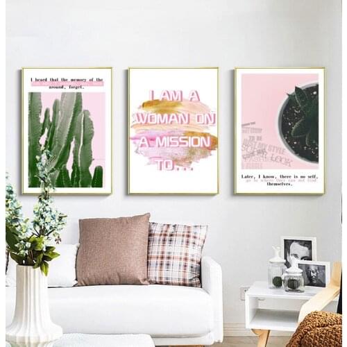 Simple Ins Cactus Poster, Modern Small Fresh Green Plant Canvas Painting, Pink English Mural Printing, Home Decoration 60X80CM