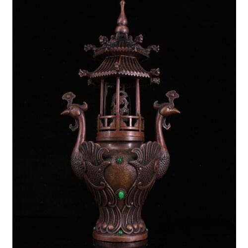 17" Tibet Buddhism Old Bronze mosaic Gem Phoenix statue Peacock tower incense burner Stupa incense Town House Exorcism